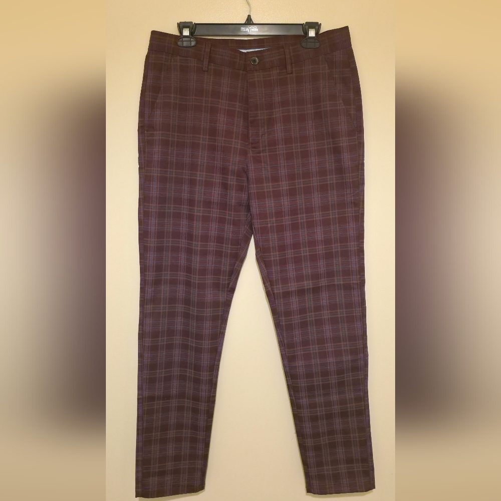 Men's Burgundy Plaid Slim Fit Pants
